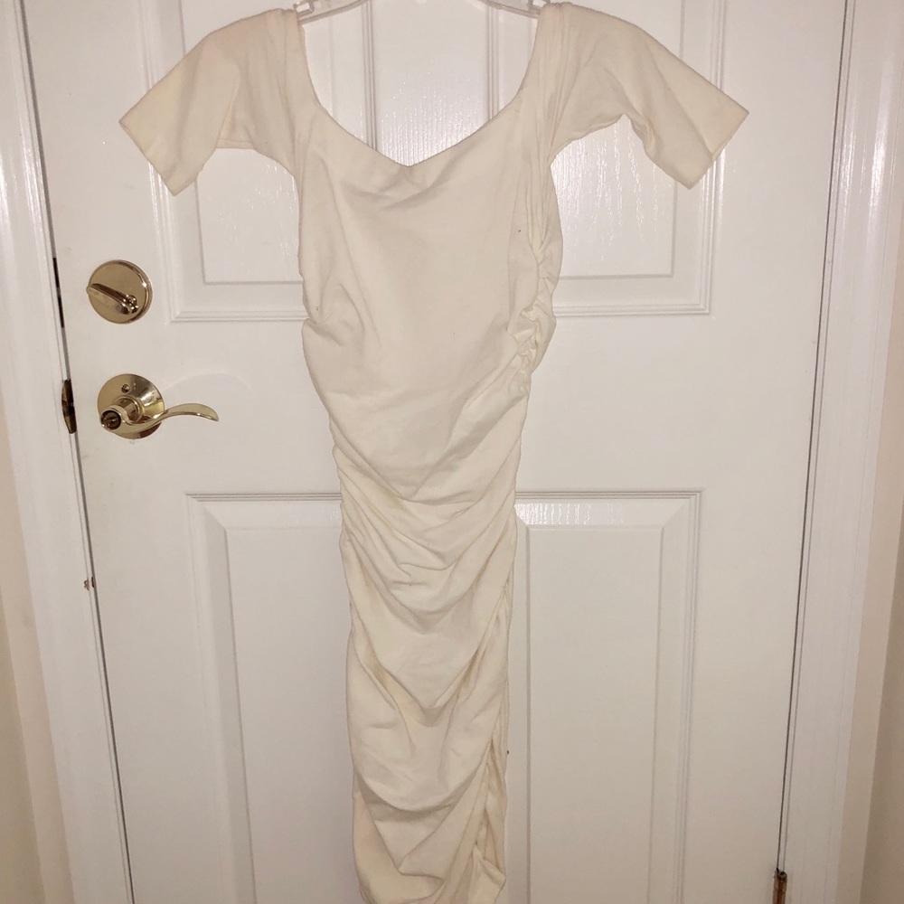 Off The Shoulder Cream Fitted Dress